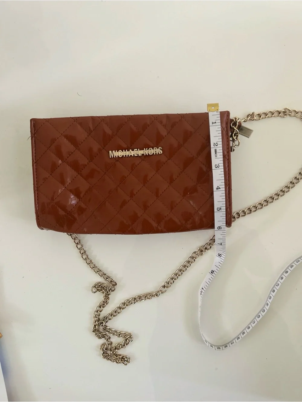 Michael Kors Quilted Patent Leather Crossbody in Chestnut Brown